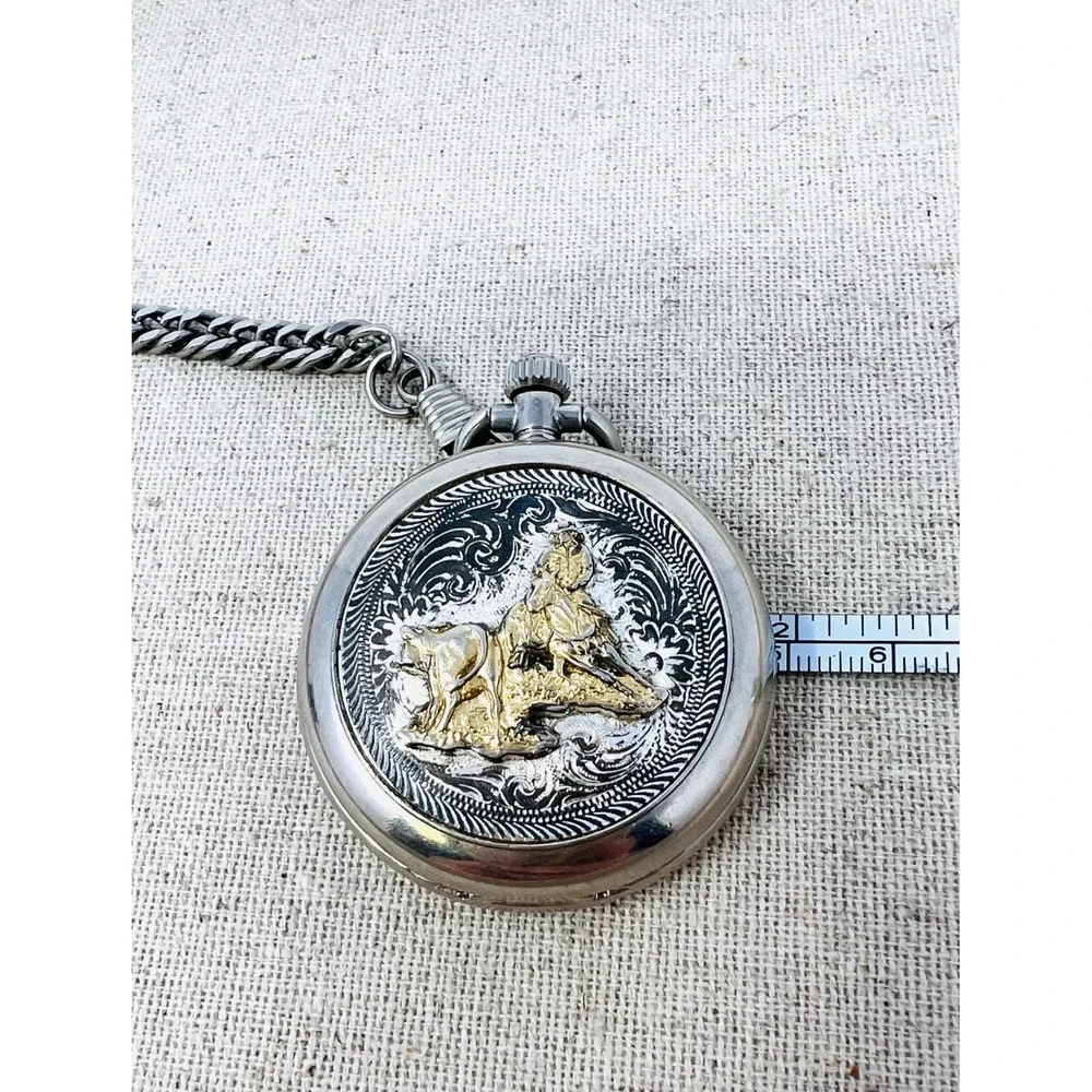 Montana Silversmiths Cowboy Pocket Watch Silver Gold Tone Western Quartz